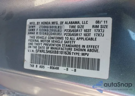 2011 Honda Odyssey Ex-L z USA, uszkodzony, nr VIN 5FNRL5H6XBB101636